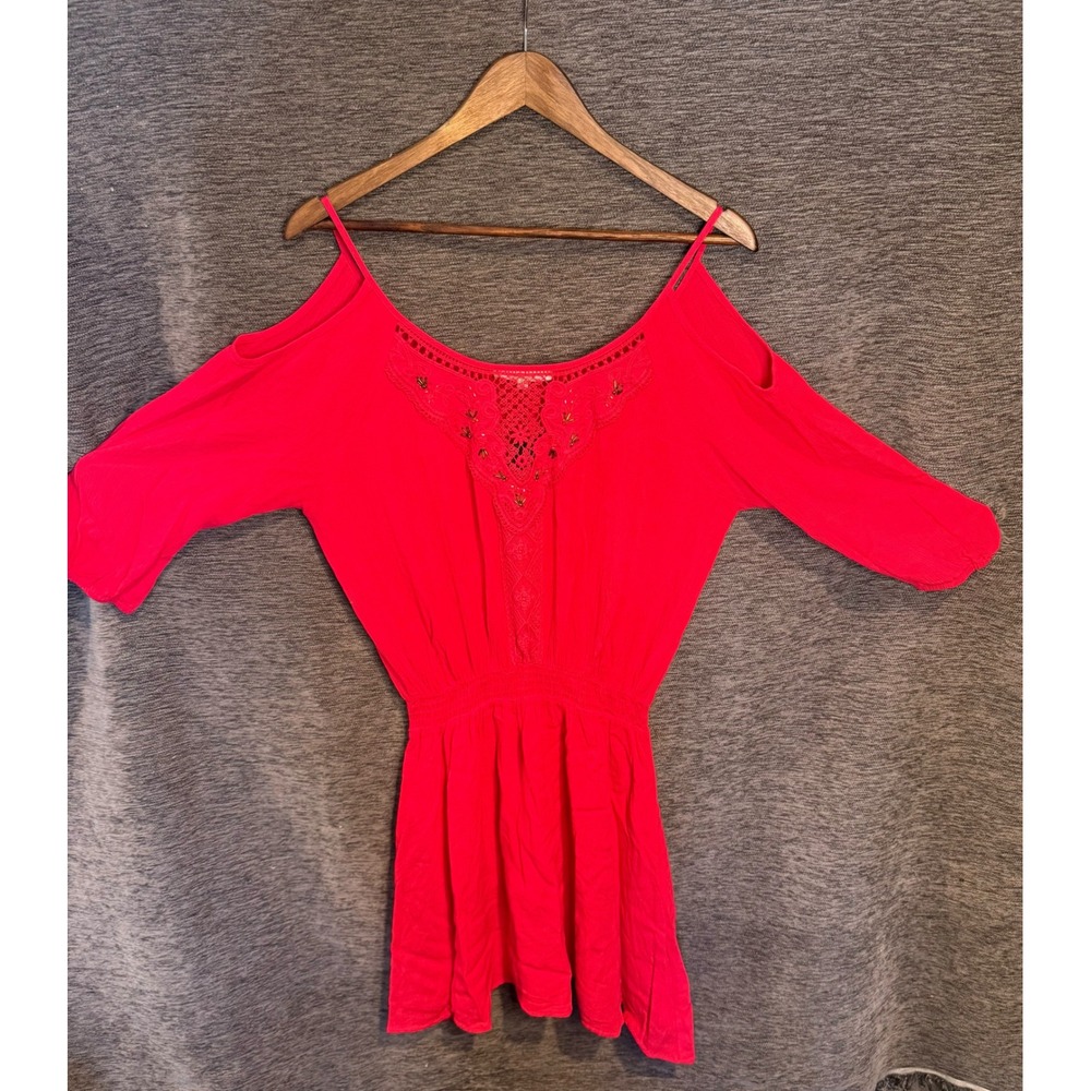 Miss Me Fuchsia Beaded Top Cold Shoulder Crochet Lace Smocked Waist Pink Medium - Picture 1 of 5